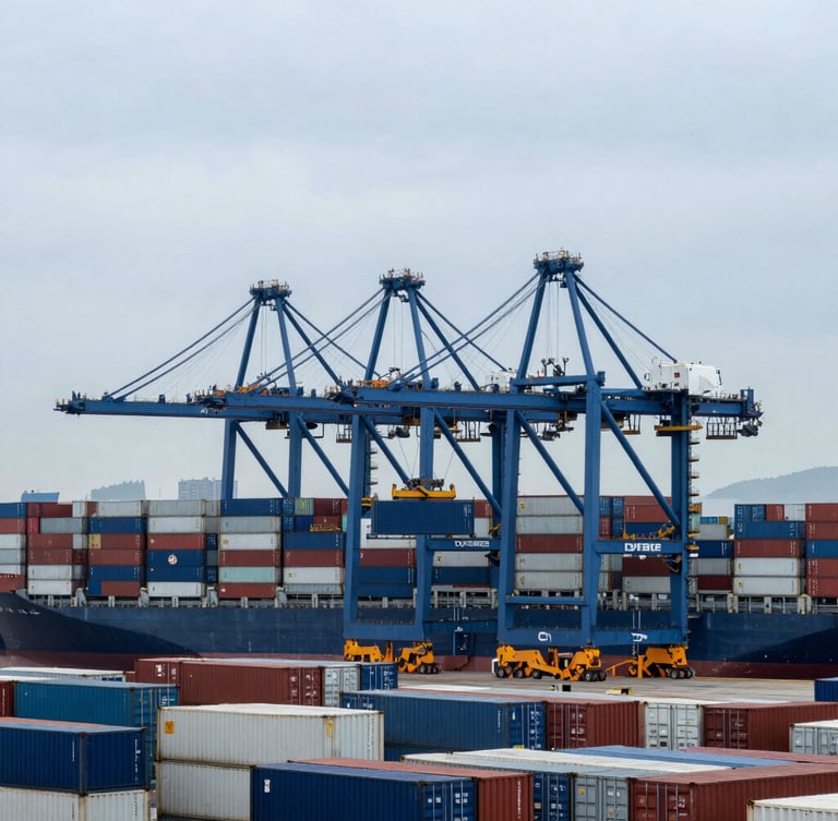 Wide shot of container port at cool overcast daylight, cargo vessels, stacked shipping containers, industrial cranes, wide-angle lens, sharp details, a single container being loaded, portrait orientation