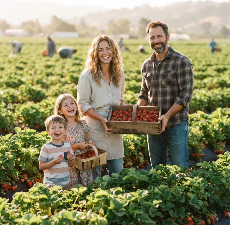 A bright environmental portrait of a family standing in a sun-drenched strawberry field, holding wooden crates of freshly harvested berries, warm morning light, shallow depth of field, 35mm