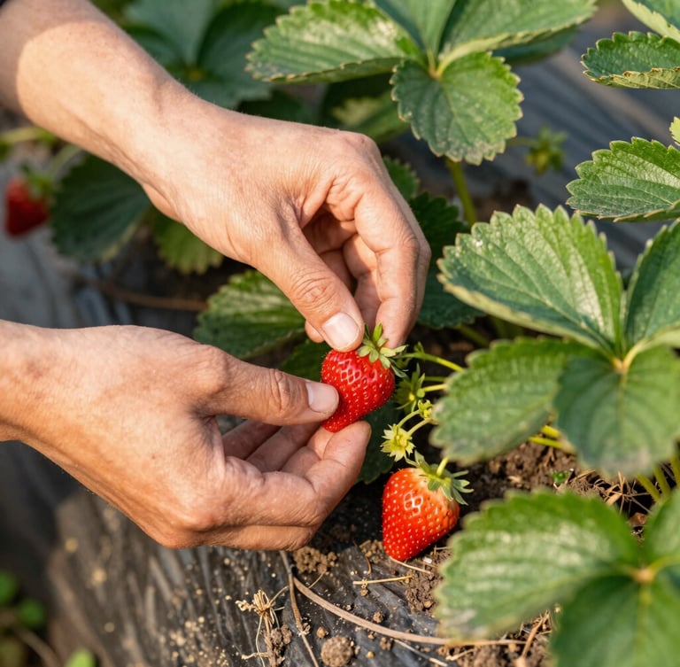 Close-up of weathered hands gently picking bright red strawberries from the vine, vibrant green leaves, rich dark soil, warm morning golden-hour light, shallow depth of field, 35mm