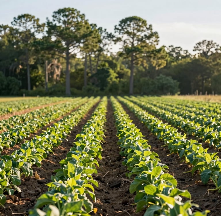 A sunny Florida field with neat rows of crops stretching toward a line of pine trees under crisp morning light, 35mm