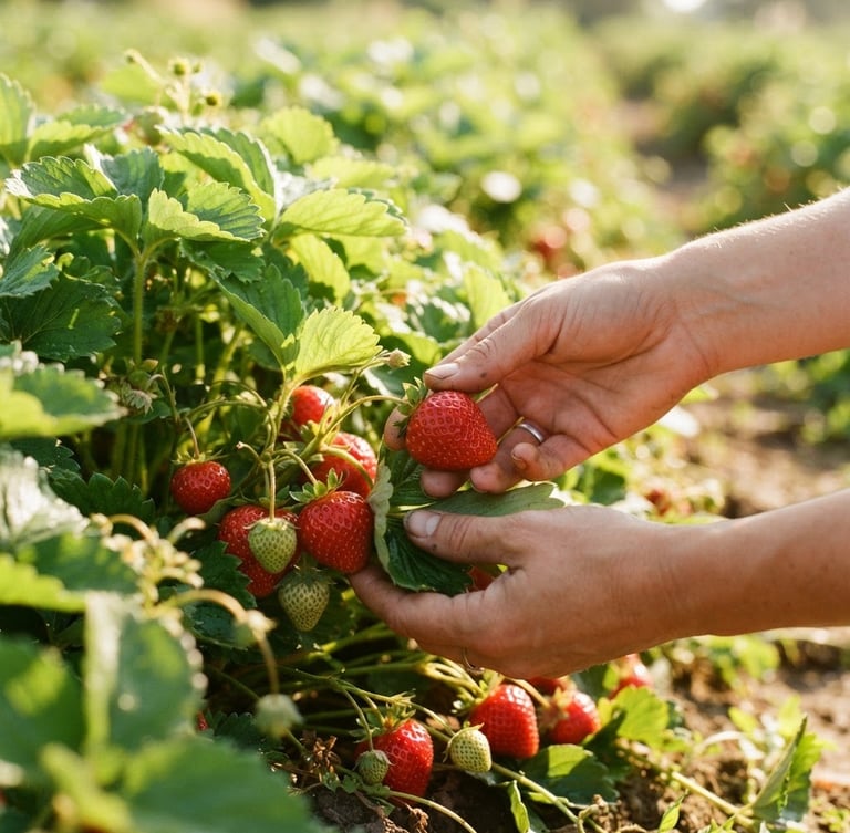 Close-up of hands picking bright red strawberries under warm morning sunlight, vibrant green leaves, shallow depth of field, 35mm