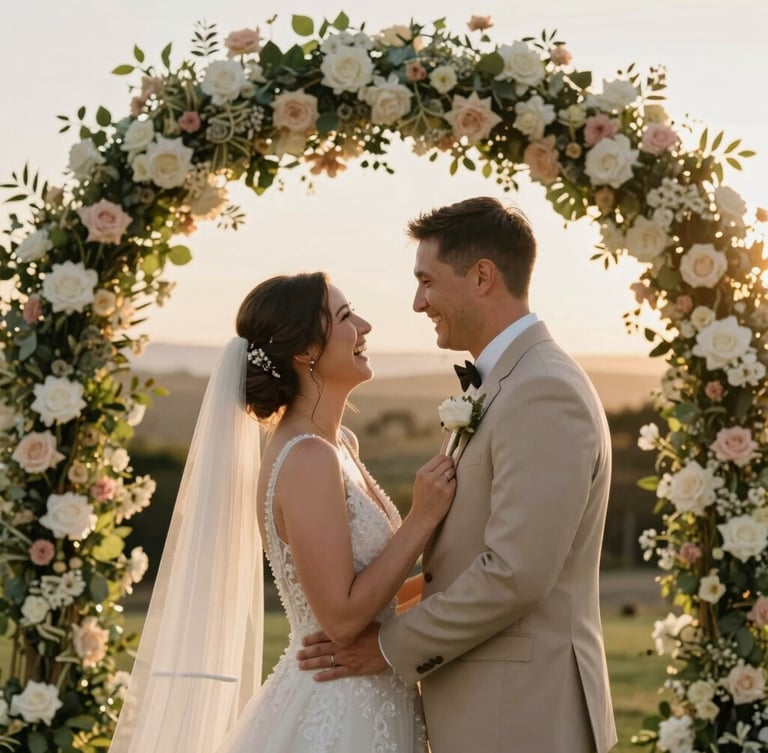 Candid shot of a newlywed couple laughing under a floral archway at a Gold Coast hinterland venue, warm sunset glow, emotional and authentic, 35mm