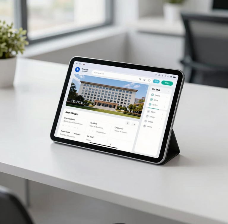 A clean, modern office desk with a tablet displaying a municipal dashboard, bright natural daylight, professional public administration environment