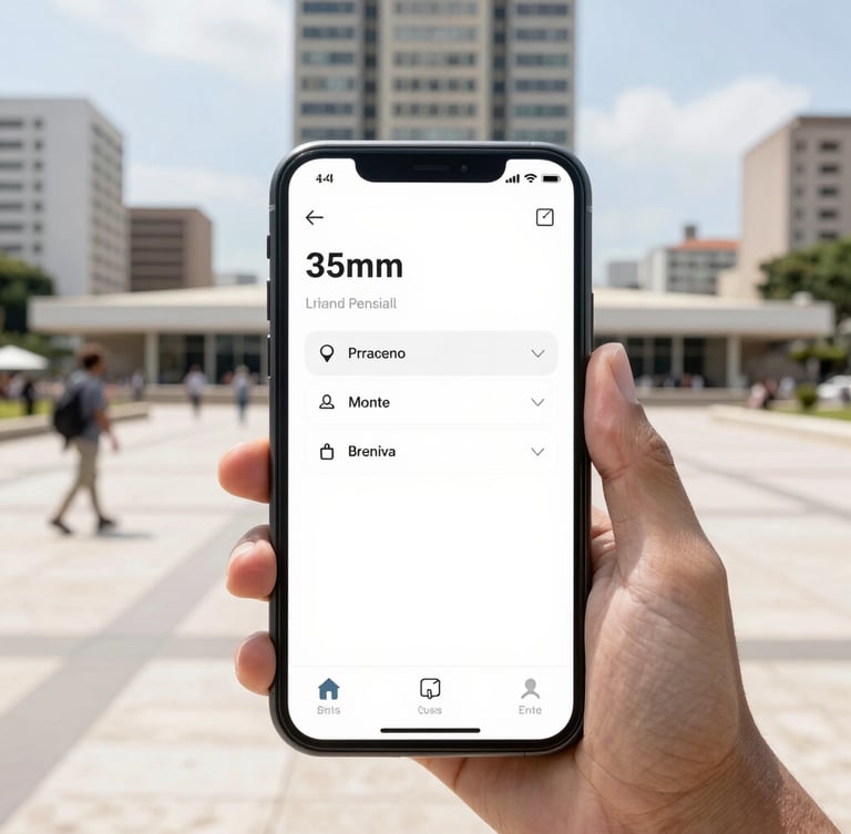 Crisp modern smartphone showing a clean municipal app interface, held by a citizen in a bright, sunlit Brazilian public plaza, modern city hall in the background, sharp focus, 35mm