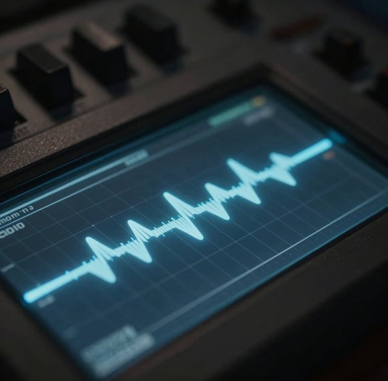 Extreme macro close-up of a vintage analog synthesizer's oscillating waveform on a screen, subtle blue backlighting, shallow depth of field, dark and technical mood