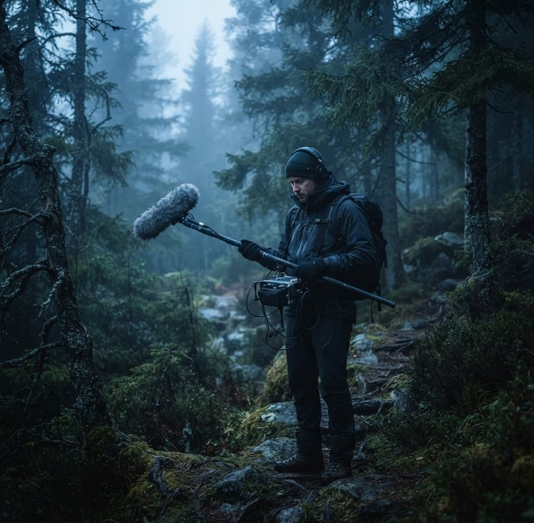 Wide-angle cinematic shot of a field recordist in a rugged, misty Scandinavian forest, holding a shotgun microphone with a windjammer, cold blue backlighting, soft atmospheric haze, shallow depth of field.