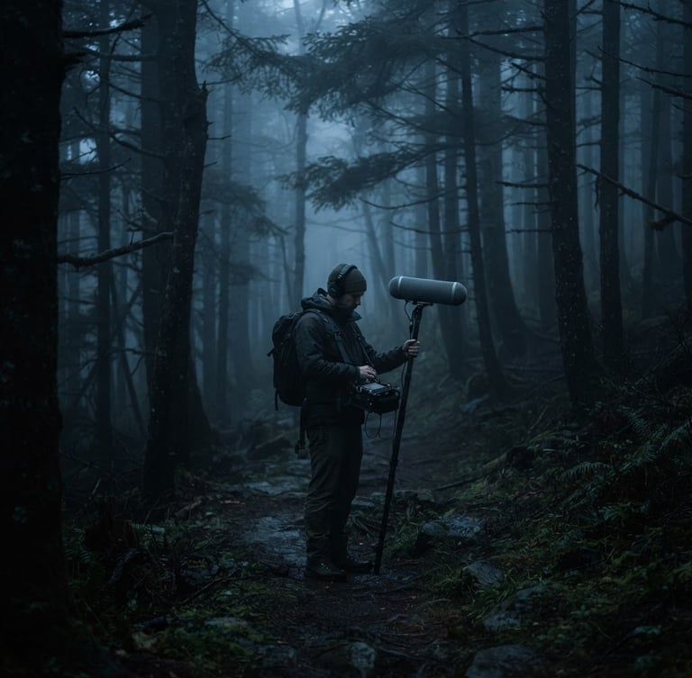 Extreme wide shot of a field recordist in a desolate, misty forest at dawn, holding a high-end microphone, cool blue and charcoal tones, anamorphic lens, heavy shadows, shallow depth of field, cinematic.