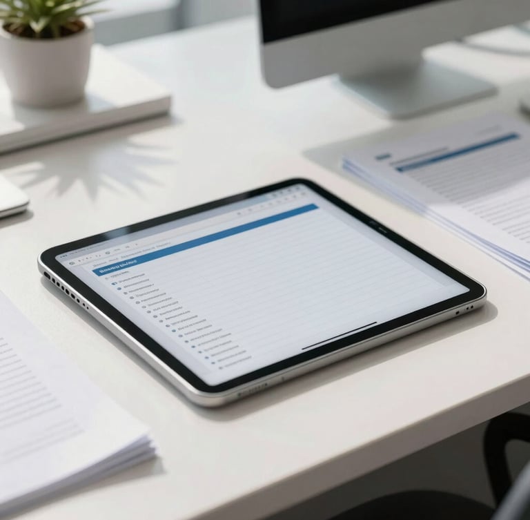 Clean, modern office workspace with a tablet displaying a document tracking interface, bright natural daylight, sharp focus on structured papers, no people.
