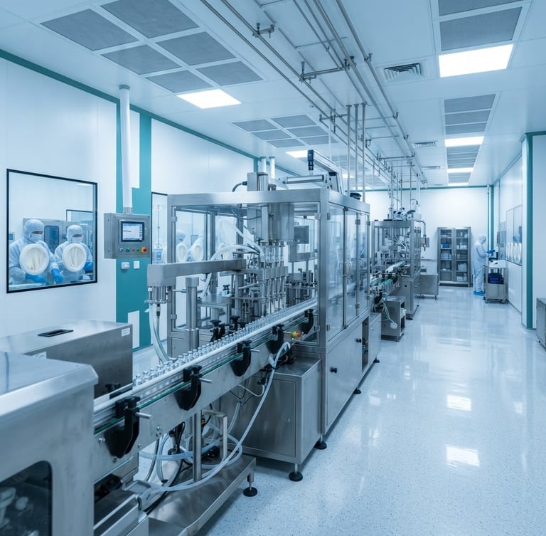 Wide environmental shot of a sterile pharmaceutical cleanroom in Dubai, automated stainless steel filling lines under high-key clinical white lighting, cool blue undertones, sharp 50mm focus.