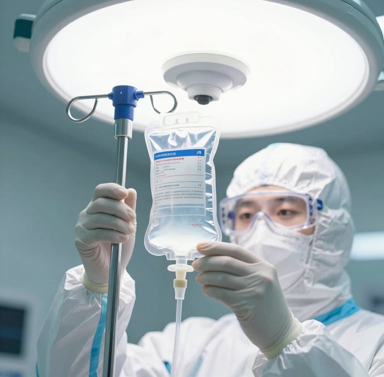 A scientist in full cleanroom PPE inspecting a sealed sterile IV bag under bright clinical white light, sharp macro focus, 50mm.