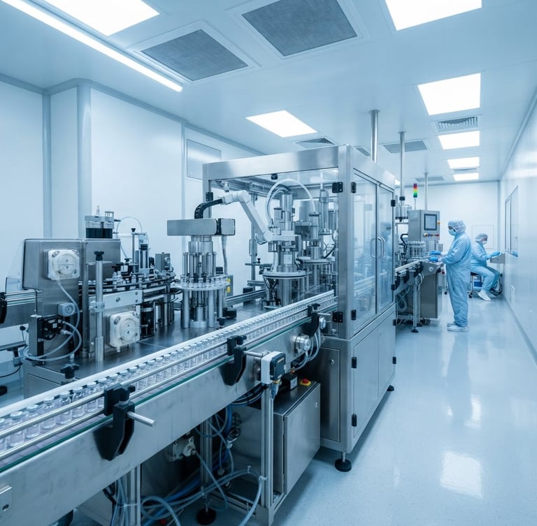 Crisp wide environmental shot of an automated sterile filling line in a bright ISO Class 5 cleanroom, stainless steel machinery, cool blue undertones, 50mm.