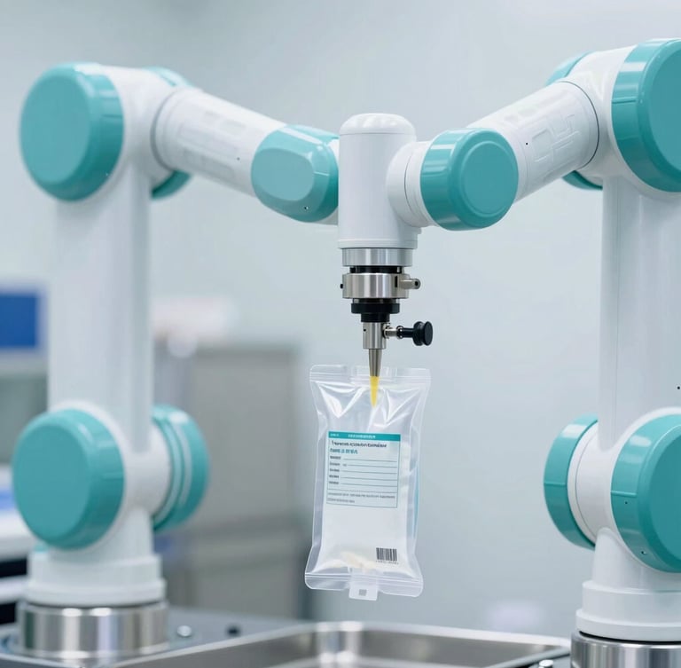 Close-up of a high-precision robotic arm sealing sterile IV bags, bright clinical lighting with teal accents, stainless steel surfaces, sharp focus.
