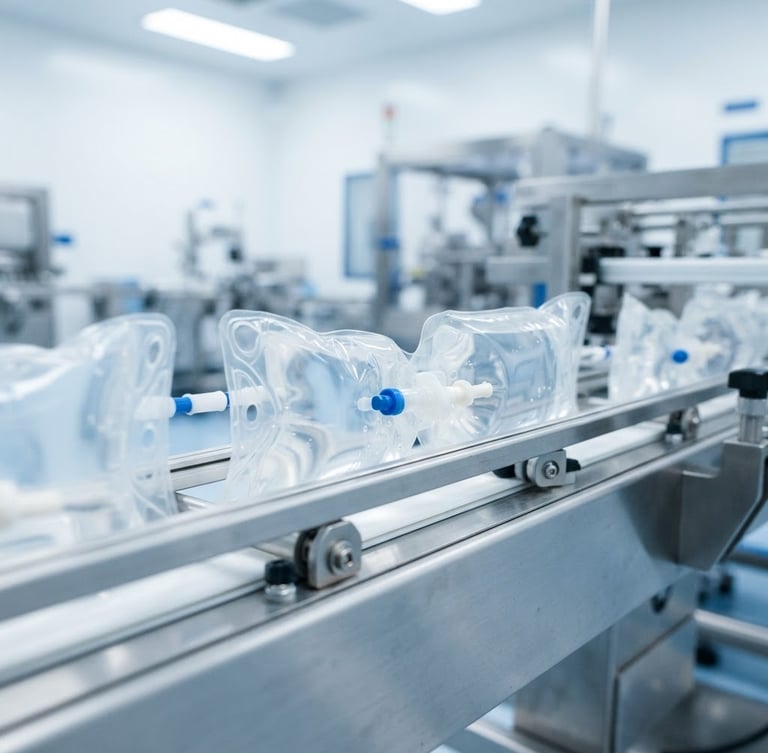 Crisp macro shot of sealed sterile IV bags on an automated conveyor line, bright clinical high-key white light with cool blue undertones, 50mm