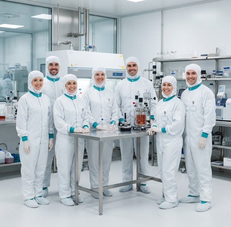 A professional group portrait of pharmaceutical scientists in cleanroom uniforms, bright high-key clinical light, sterile white and blue tones, sharp focus, 50mm