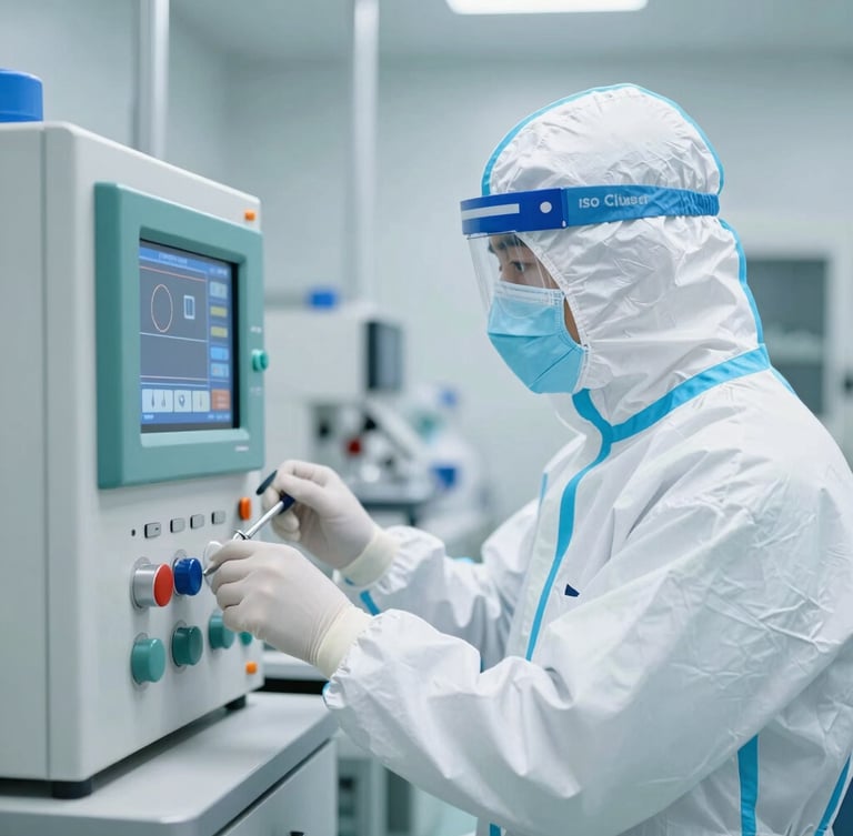 A pharmaceutical scientist in full sterile PPE operating a digital control panel inside an ISO Class 5 cleanroom, bright clinical lighting, precise teal accents, sharp focus.