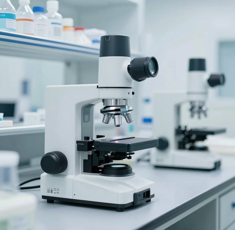 Clinical pharmaceutical laboratory, bright high-key cleanroom light, sterile white and teal tones, stainless steel analytical equipment, sharp macro focus, 50mm