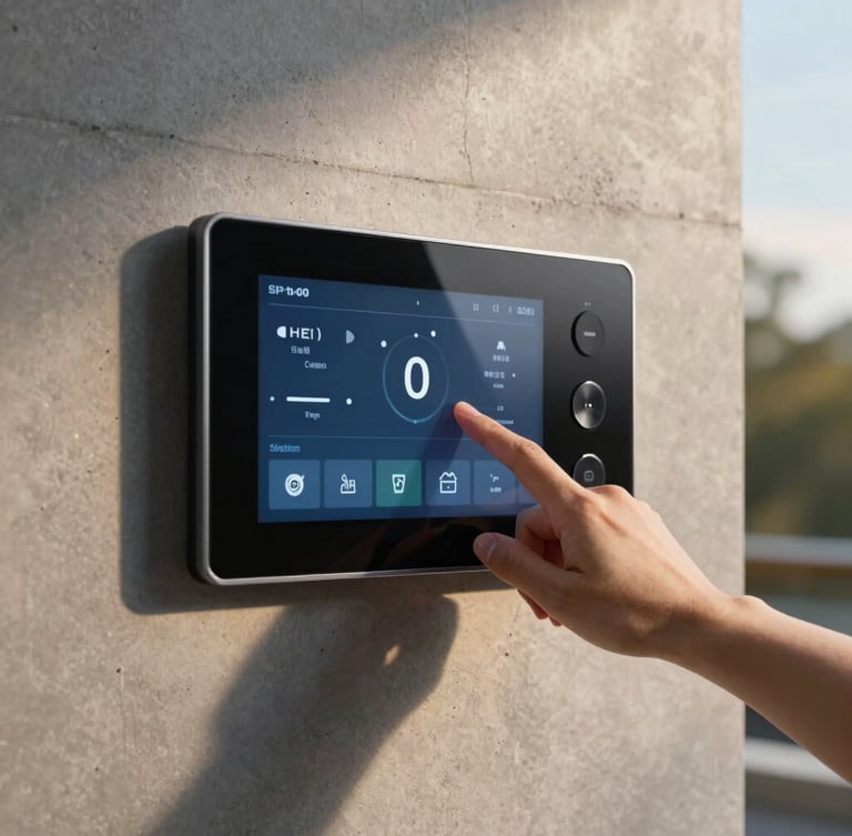 Sleek modern smart home control screen mounted on a concrete wall, warm twilight light casting soft shadows, hand touching the glass interface displaying home automation controls, premium finish.