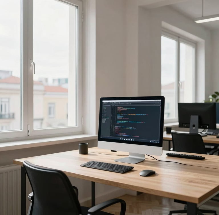 A medium-wide shot of a bright, minimalist tech workspace in Lisbon with natural daylight streaming through large windows, a clean wooden desk with a modern monitor showing code, cool and clean tones.