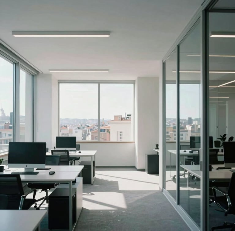 A crisp, minimalist architectural shot of a modern Lisbon tech hub workspace, natural daylight streaming through large windows, clean lines, cool tones