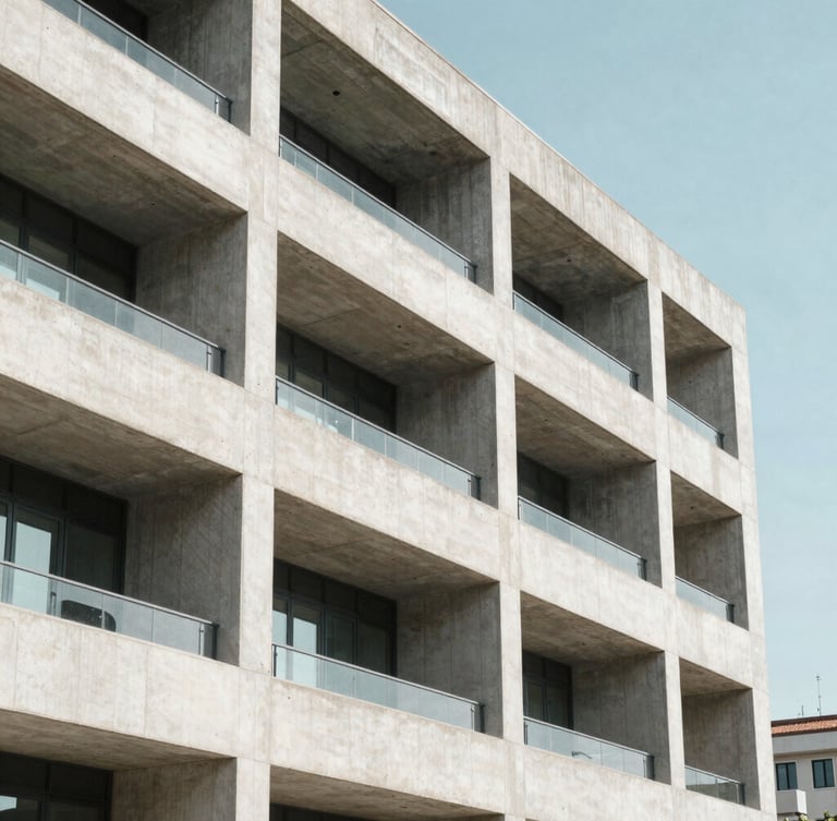Striking architectural crop of a Lisbon tech hub, modern concrete lines, bright daylight, cool clean tones