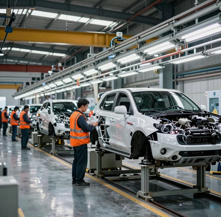Wide-angle industrial documentary photography of a busy automotive assembly line, cool steel tones with safety-orange accents, natural warehouse lighting, 35mm lens