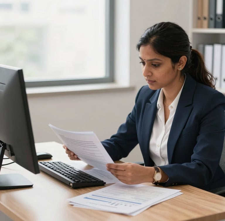 A professional Indian female CS reviewing organized financial documents at a clean wooden desk, bright natural office daylight, sharp focus, 35mm lens.