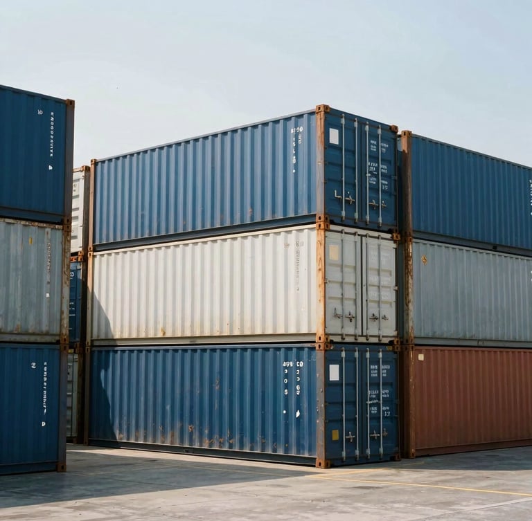 Wide-angle industrial documentary photo of cargo containers stacked at a dry port under harsh direct sunlight, high-contrast steel tones