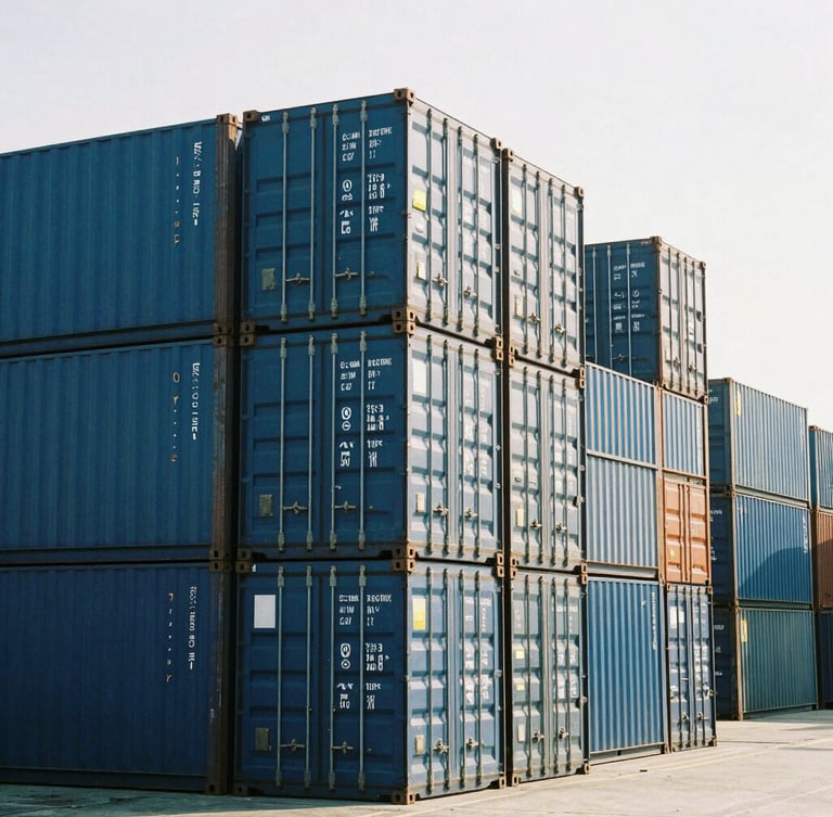 Wide environmental shot of blue shipping containers stacked at a dry port under harsh direct sunlight, high-contrast cool steel tones, 35mm lens