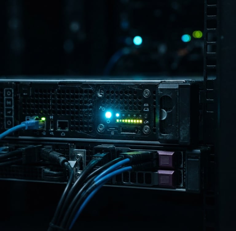 Detalle macro de un servidor rack con luces LED de diagnóstico activas en una sala de servidores oscura, luz fría de cian, alto contraste, sombras profundas.