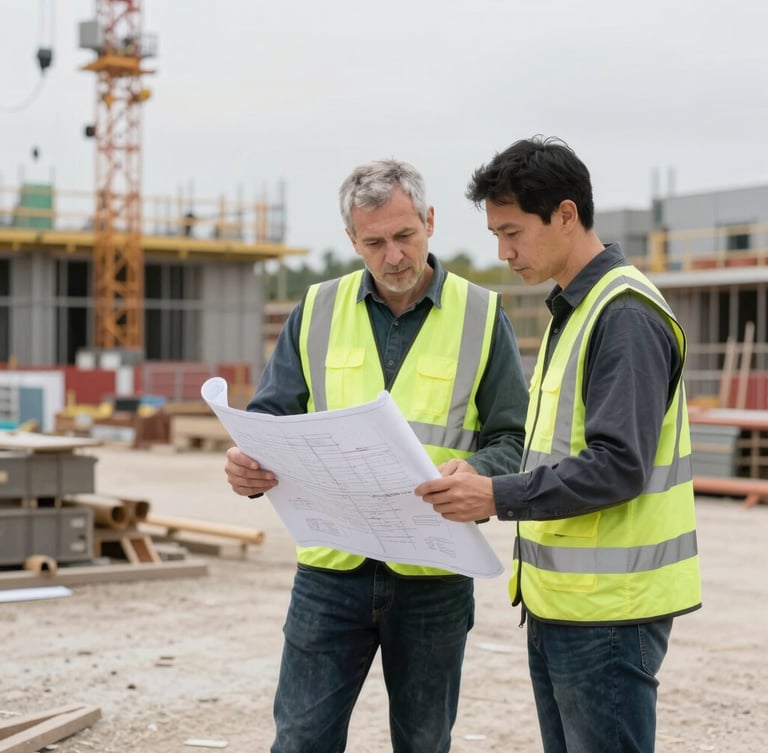 Authentic editorial photograph of a site manager reviewing blueprints with a foreman on a clean, active UK construction site, natural overcast daylight, focus on the plans, shallow depth of field, 35mm