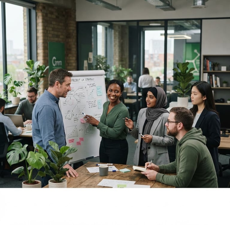 Professional UK workplace, diverse team collaborating in a modern office, soft natural overcast daylight, muted corporate tones with green accents, shallow depth of field, 35mm