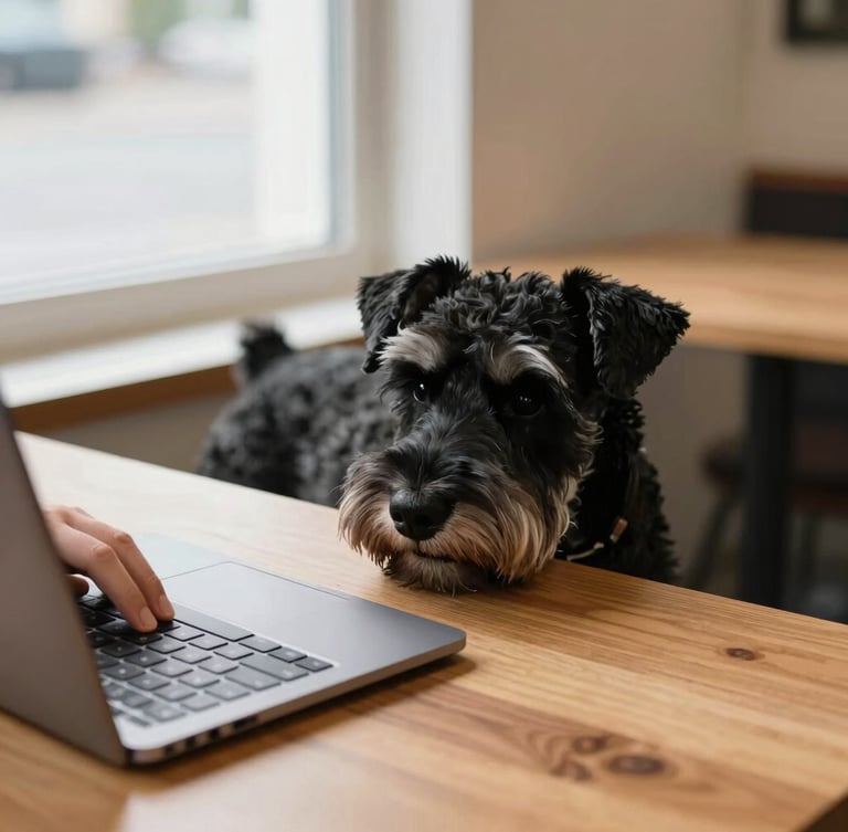 A medium-close environmental shot of a small business owner's hands working on a laptop, a loyal black Schnauzer dog resting calmly under the desk, natural window light, soft shadows, warm wood tones.