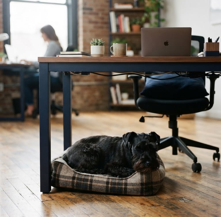 A loyal black Schnauzer dog resting calmly under a clean, organized desk in a modern small business office, natural window light, warm wood tones, shallow depth of field.