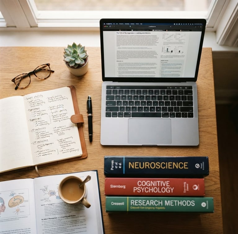 Overhead flat-lay of an organized study desk with a clean notebook, a luxury pen, a laptop showing research text, and physical academic books, soft natural daylight, warm tones, 35mm.