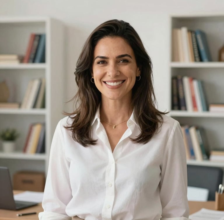 A professional portrait of Marina Lapa, a Brazilian academic mentor, smiling warmly in a bright, modern office with bookshelves in the background, soft natural daylight, 35mm