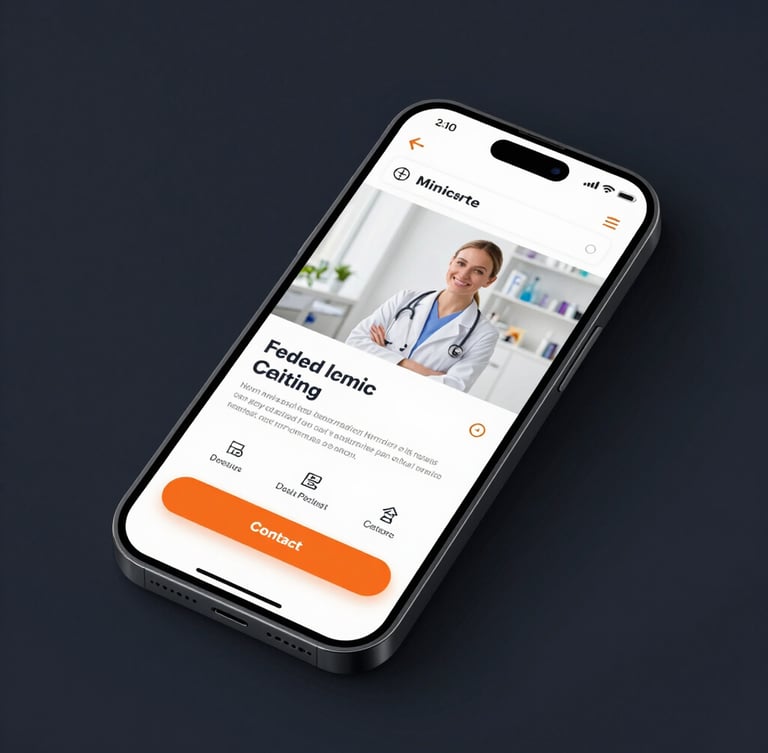 A high-fidelity mockup of a modern smartphone displaying a clean medical clinic website with a prominent orange contact button, set against a dark navy background with realistic studio lighting.