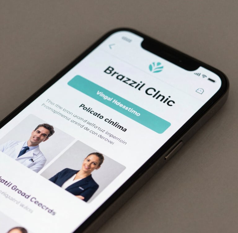 Close-up of a modern smartphone screen displaying a clean, high-contrast website for a local Brazilian clinic, sharp details, bright daylight illumination