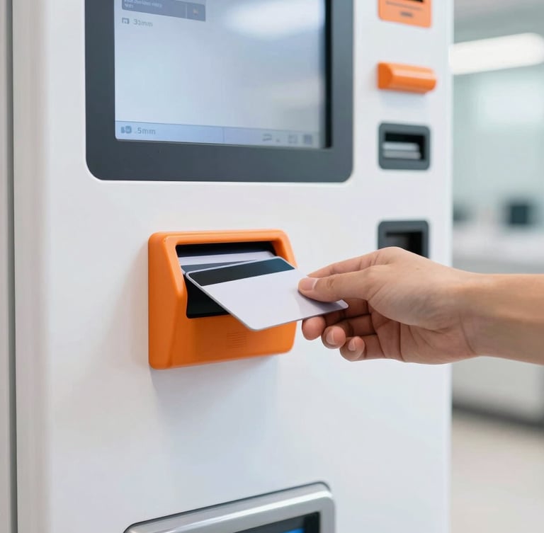 Close-up of a hand using a contactless card to pay at a sleek modern vending machine screen, bright corporate breakroom, clean daylight, sharp focus, 35mm