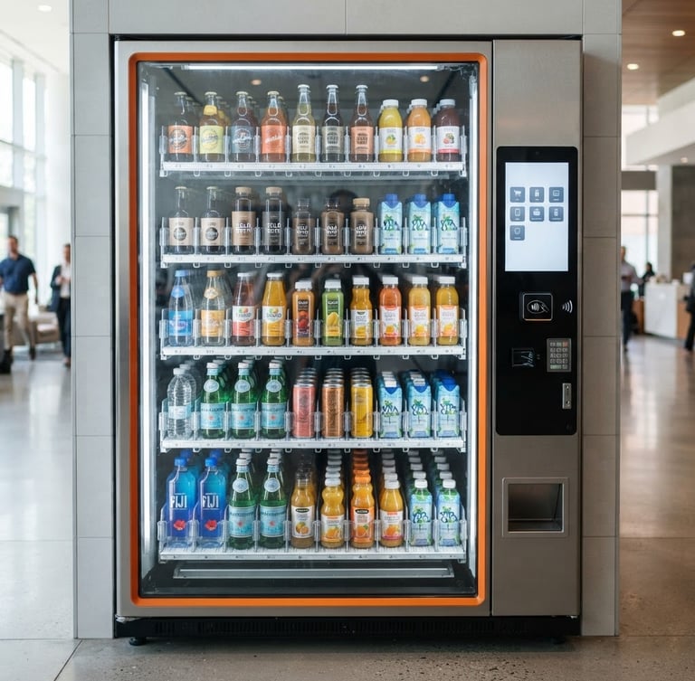 Straight-on medium shot of a modern glass-front vending machine with a clean digital payment screen, stocked with premium beverages, bright indoor daylight