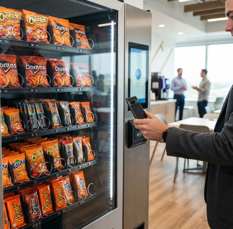 Sleek, modern glass-front vending machine in a bright, clean corporate breakroom, glowing digital touchscreen, hands holding a smartphone to pay contactless, vibrant orange snack packaging visible inside, crisp focus, clean indoor daylight, 35mm