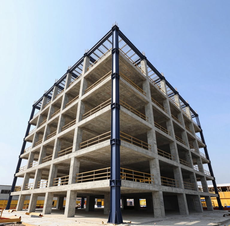 Wide-angle architectural photograph of a modern concrete building under construction, sharp daylight, deep navy steel beams, scaffolding, clear sky.