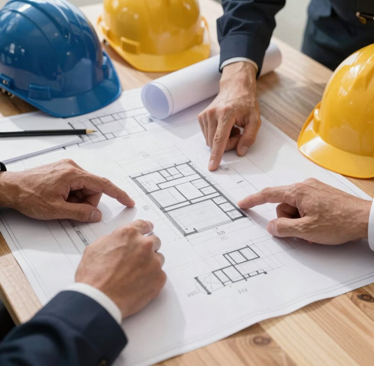 Close-up of a construction planning session, blueprints spread on a wooden table, hands pointing to structural details, hard hats and safety gear visible, natural light.