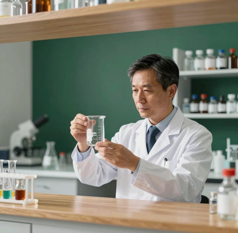 A professional pharmacist in a white coat carefully inspecting a clean glass beaker in a bright, modern laboratory with oak accents