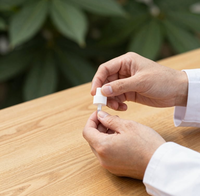 Close-up of a pharmacist's hands in a white coat meticulously preparing a customized dosage system on a clean oak wood counter, bright natural daylight, macro shot