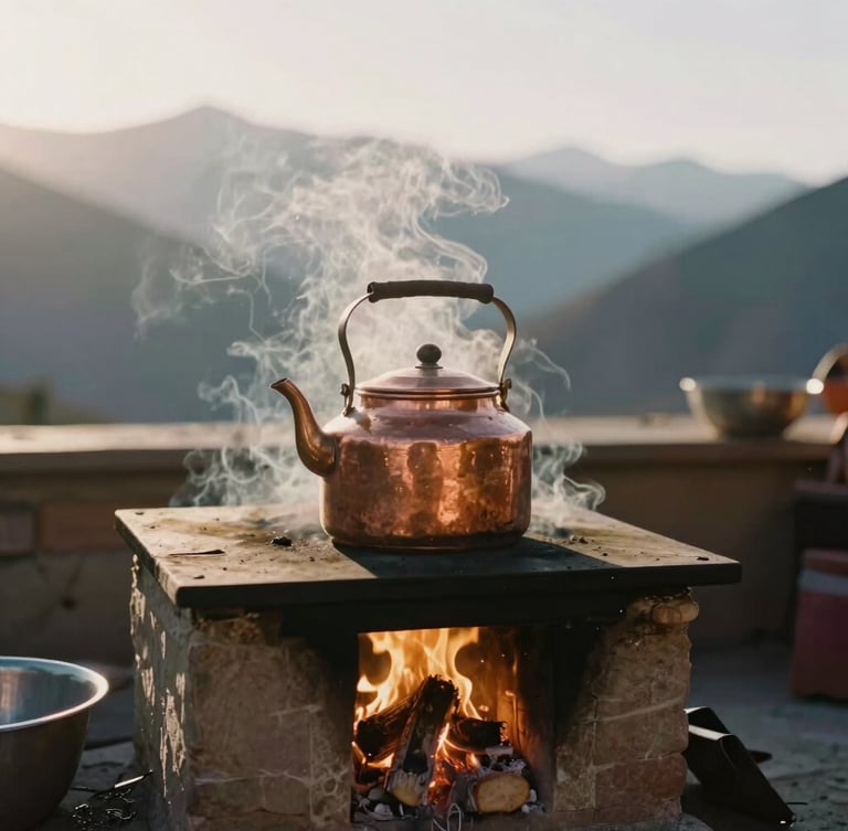 Close-up of a traditional Ladakhi family kitchen hearth, steaming copper kettle on a wood-burning stove, warm ambient firelight, soft shadows, 35mm film aesthetic