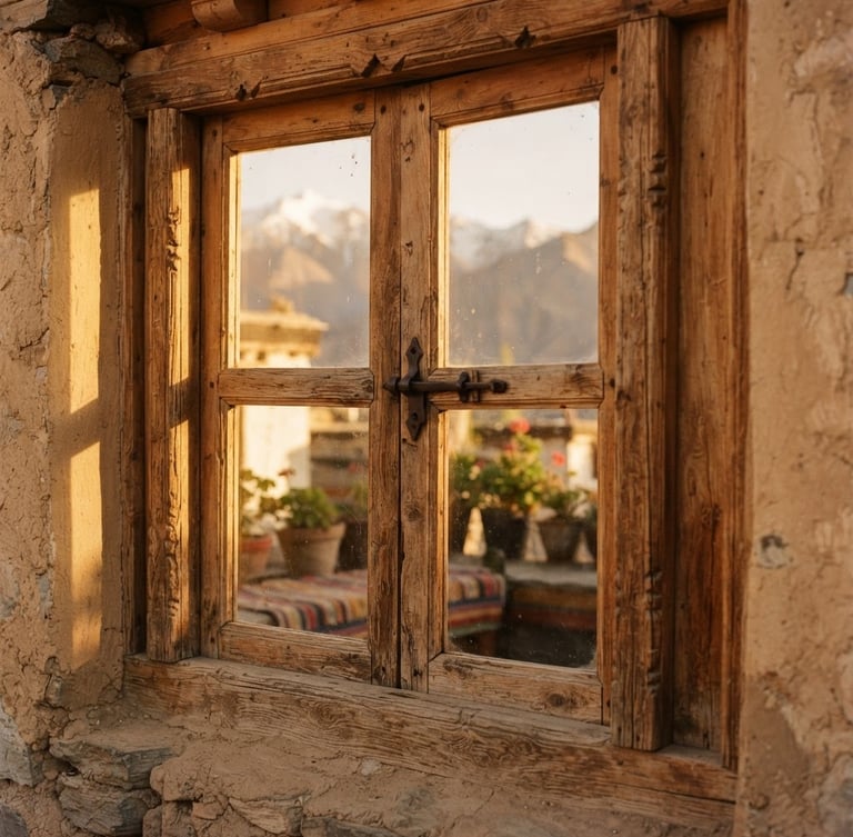 Close-up of golden mountain sunlight illuminating a traditional wooden window frame at Lhachik Guest House, soft shadows, warm 35mm film aesthetic