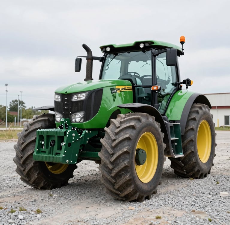Low-angle wide shot of a clean, powerful green tractor parked on the outdoor gravel lot of Fuat Soysal Galeri, natural bright overcast daylight, showcasing the heavy tire treads and robust front grille.