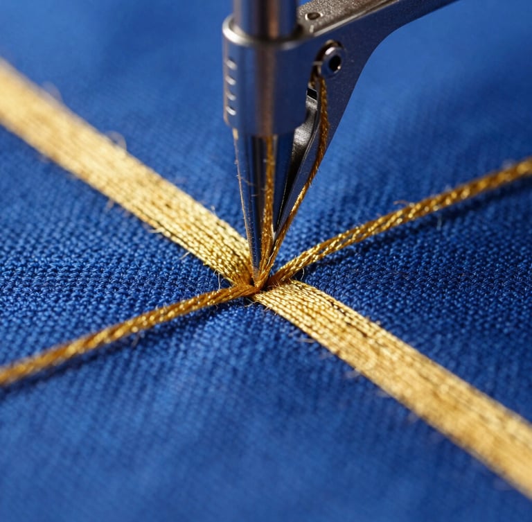 Extreme macro close-up of a high-speed embroidery needle piercing deep royal blue canvas, showing high-density gold thread texture and zero-fray tension under bright studio light.