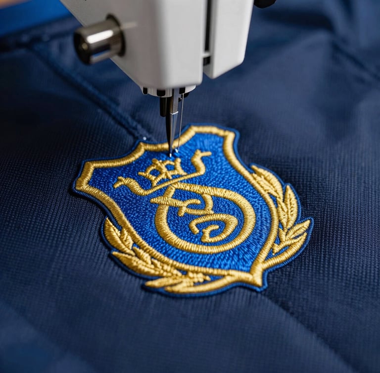 Macro close-up of a high-speed embroidery machine stitching a bold gold and royal blue athletic crest onto a heavy navy canvas jacket, bright directional studio lighting, shallow depth of field