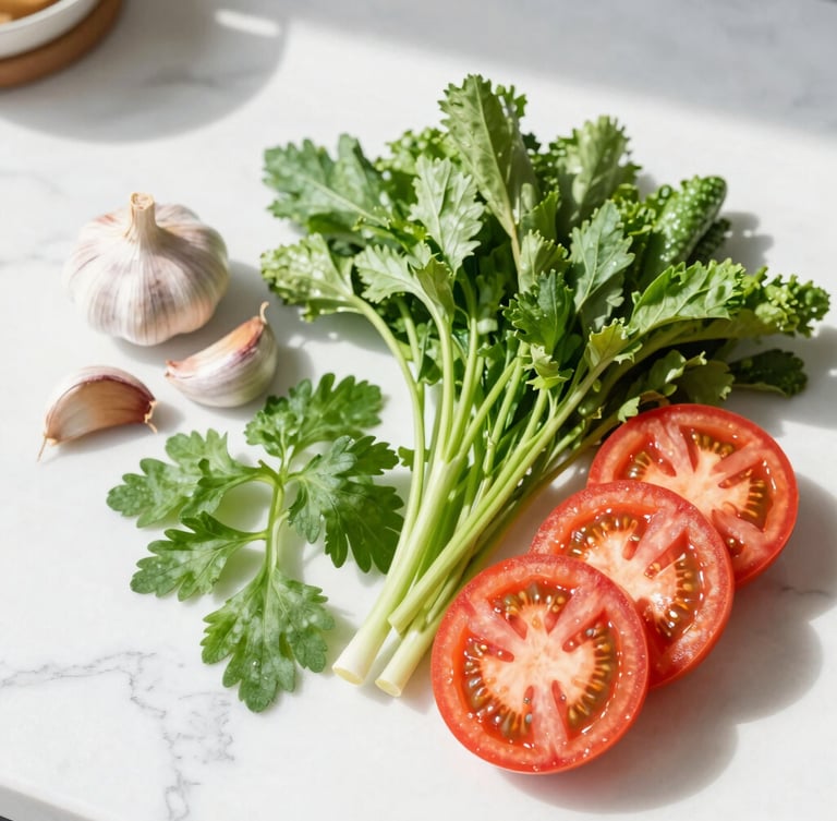 Overhead flat-lay of vibrant fresh herbs, garlic cloves, and sliced heirloom tomatoes on a sunlit white marble kitchen counter, bright natural morning daylight, soft shadows.